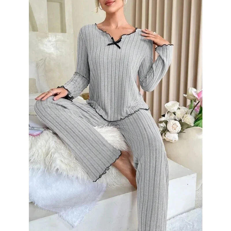 Women Sleepwear Ribbed Pajamas Set Long Sleeve Top and Long Pants 2 Piece Set