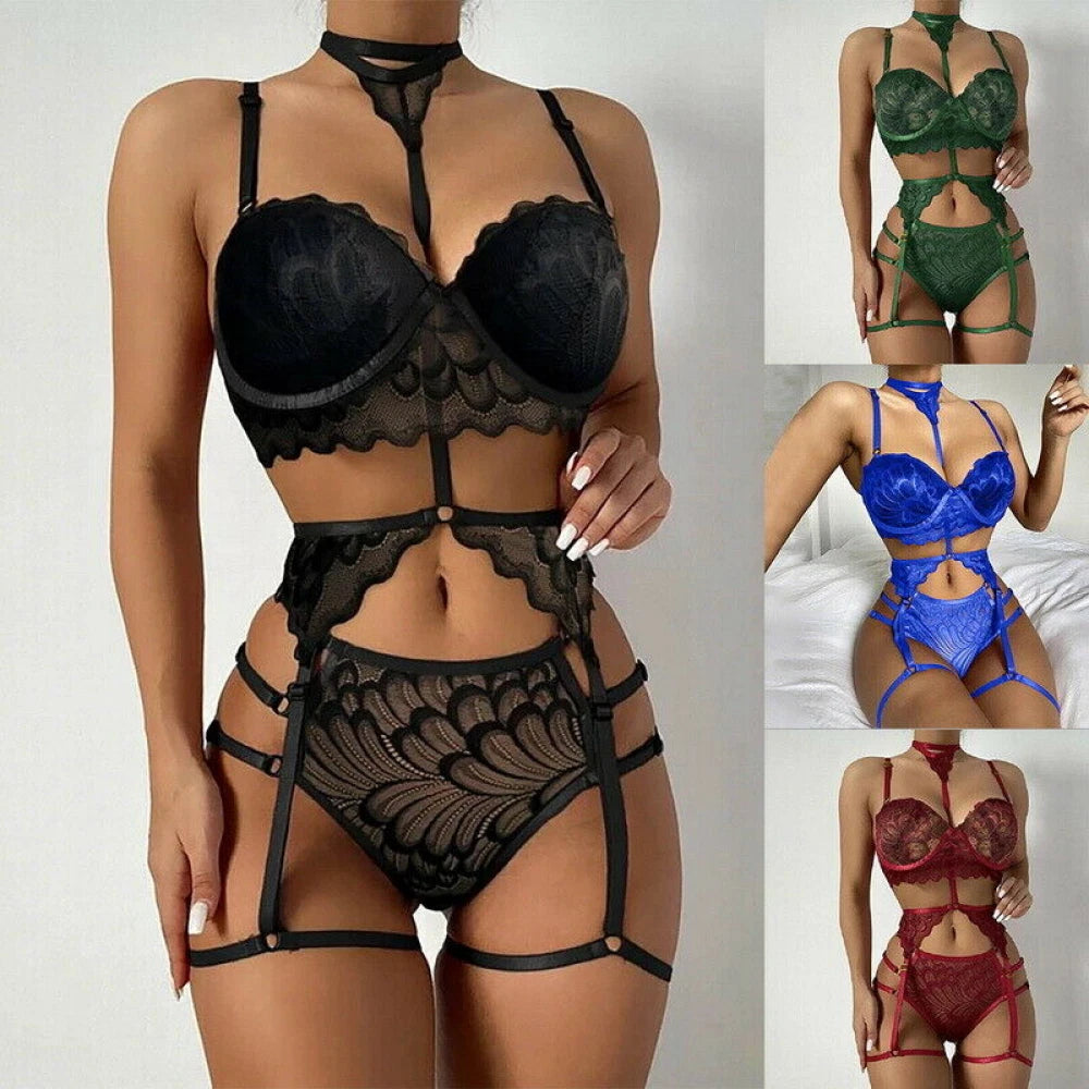 Womens Sexy Lingerie Set Bra + Thong + Garter Belt Babydoll G-String Underwear !