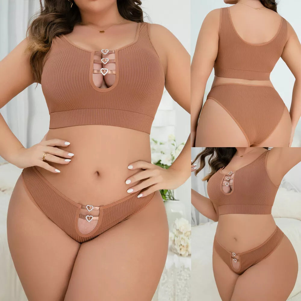 Plus Size 2 Piece Lingerie for Women Sexy Bra and Panty Set knitted Lingerie Set