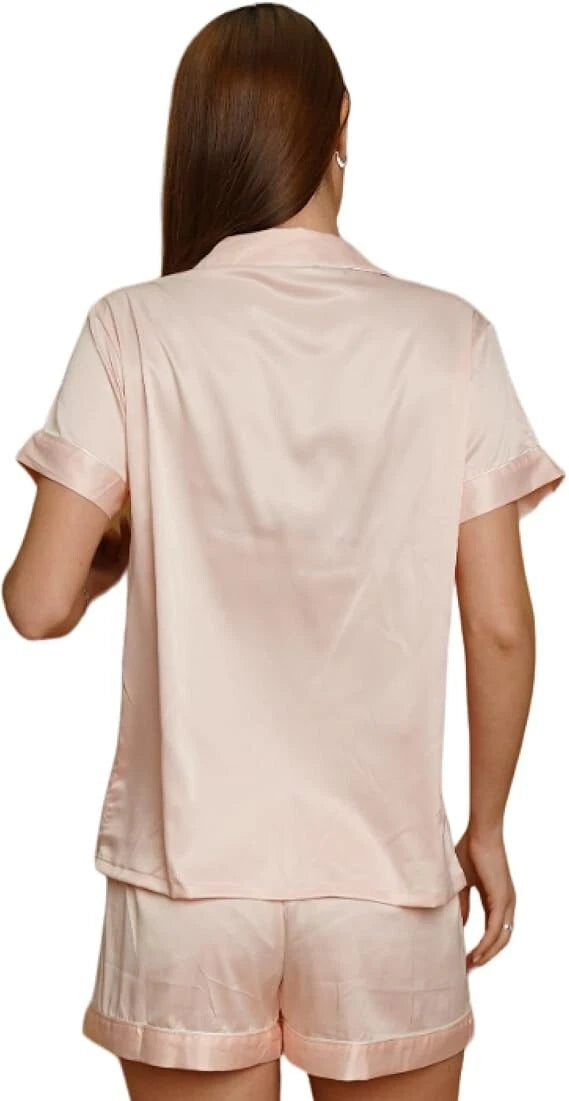 Women Silk Satin Pajamas Set Short Sleeve Button-Down Sleepwear Loungewear Charm