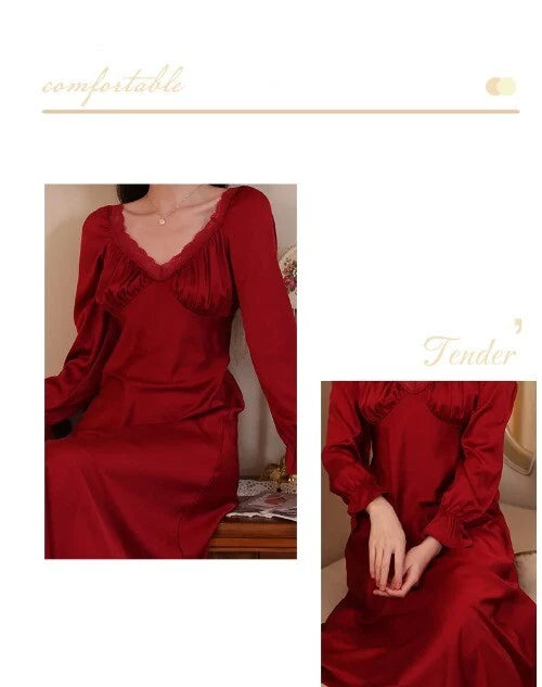 Spring Vintage Princess Sleepwear Silk Pajama Nightdress  Ruffles Lace V-Neck