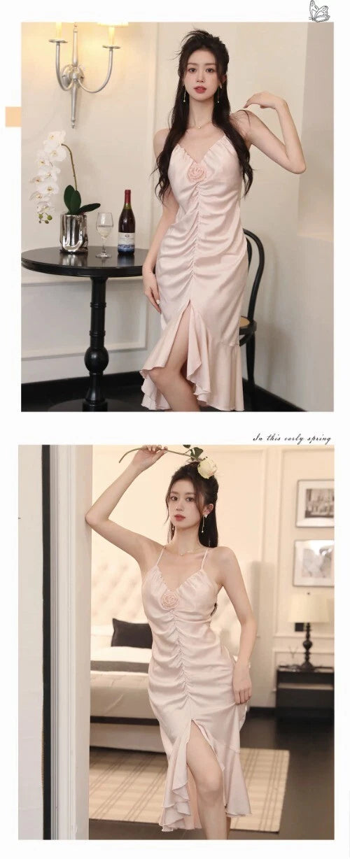 Summer Sleeveless Backless Pajama Night Dress Suspended Split Fold Long Girls