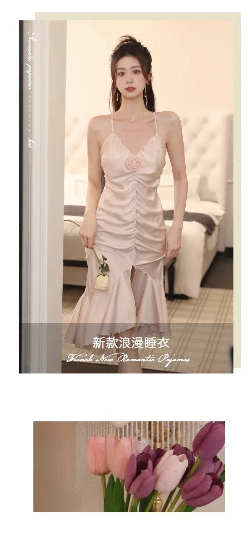 Summer Sleeveless Backless Pajama Night Dress Suspended Split Fold Long Girls