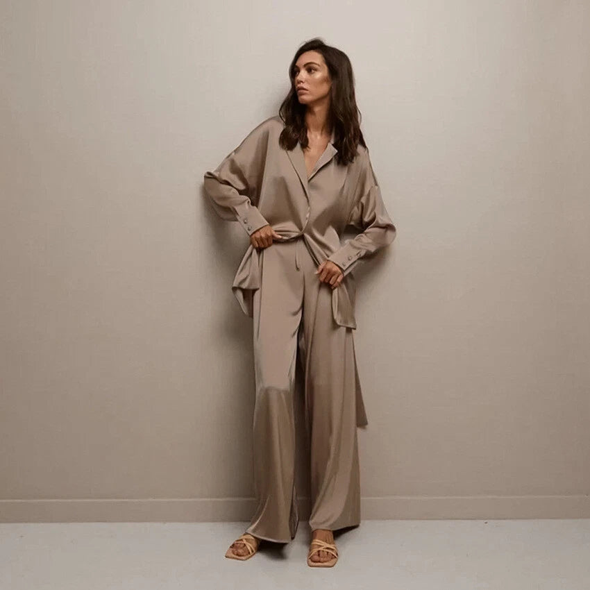 Womens Pajama Set Oversize Kimono Loose Dress Satin  Beach Coat Sleepwear Pant