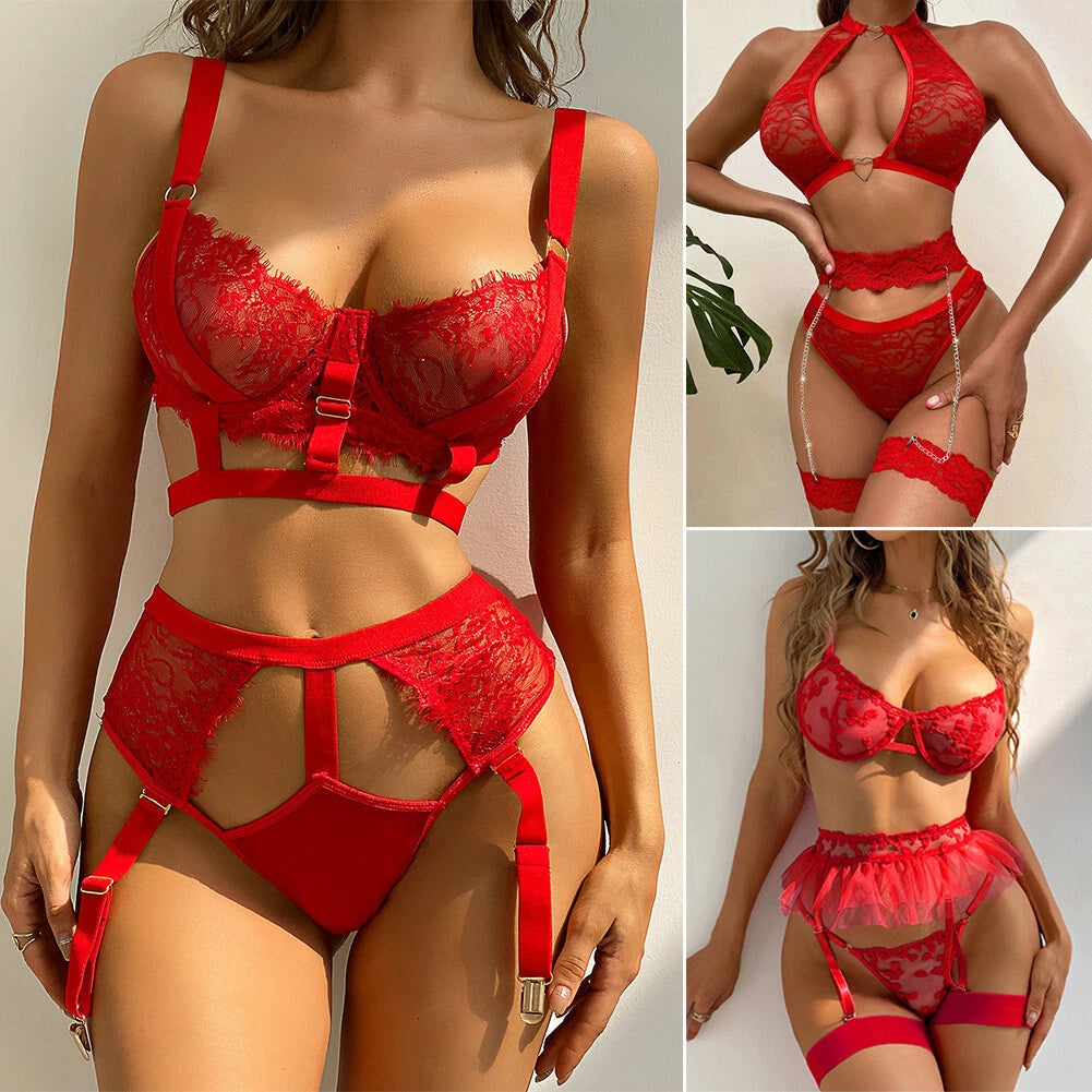 Women Sexy-Lingerie Lace Babydoll Bra G-string Sleepwear Underwear Nightwear US