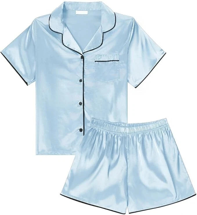 Women Silk Satin Pajamas Set Short Sleeve Button-Down Sleepwear Loungewear Charm