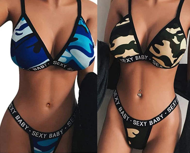 Women Sexy Lingerie Camouflage Sport Erotic Bra G-string Set Nightwear Sleepwear