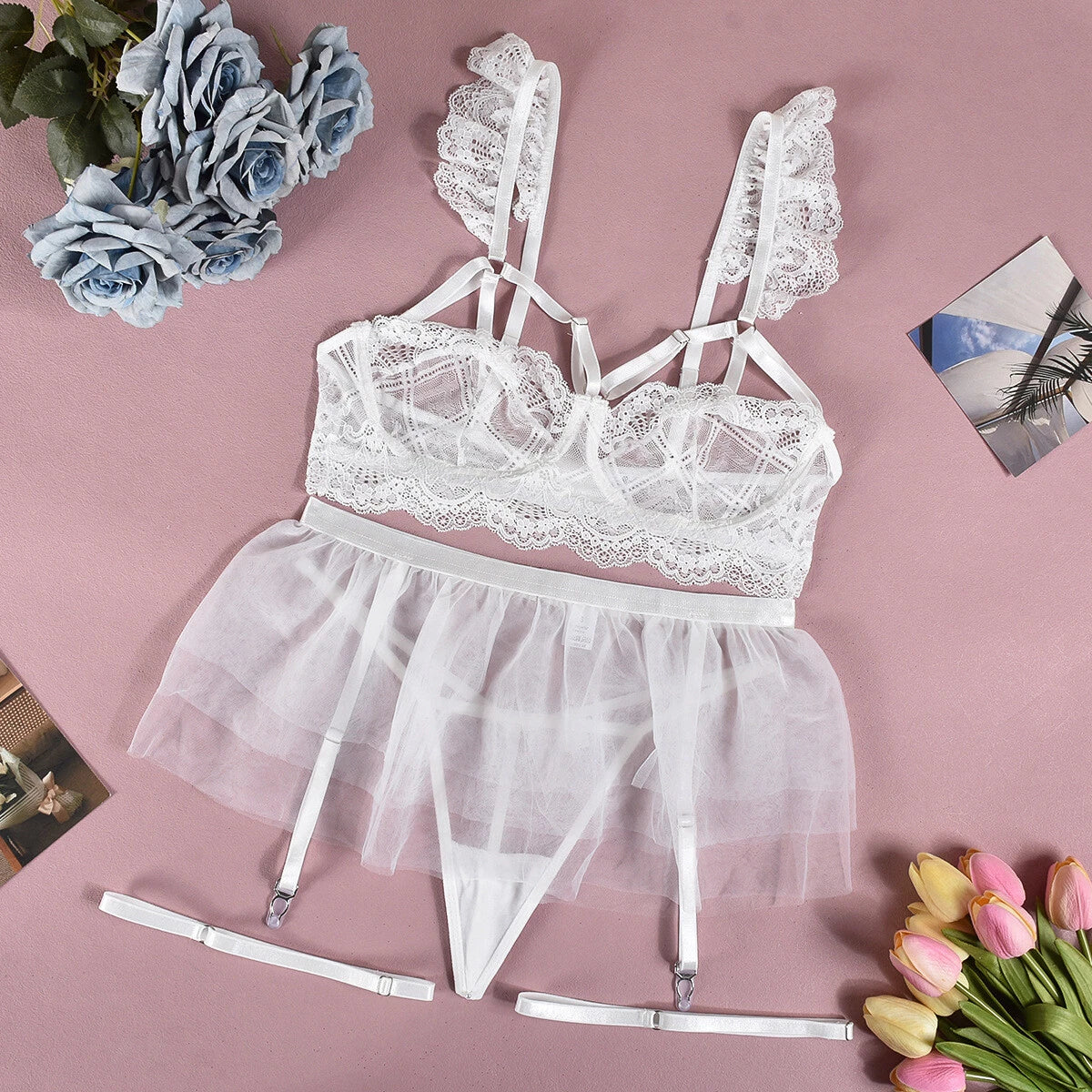 Plue Size Women's Sexy Lingerie Lace Babydoll Bra Thong Set Sleepwear Nightwear