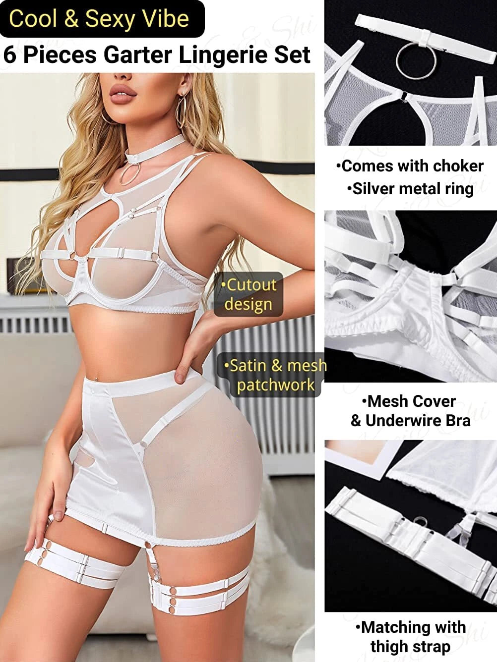 Sexy Garter Belt Set Women High Waist Lingerie Babydoll 4pcs Nightwear Sleepwear