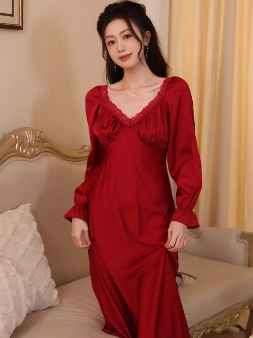 Spring Vintage Princess Sleepwear Silk Pajama Nightdress  Ruffles Lace V-Neck