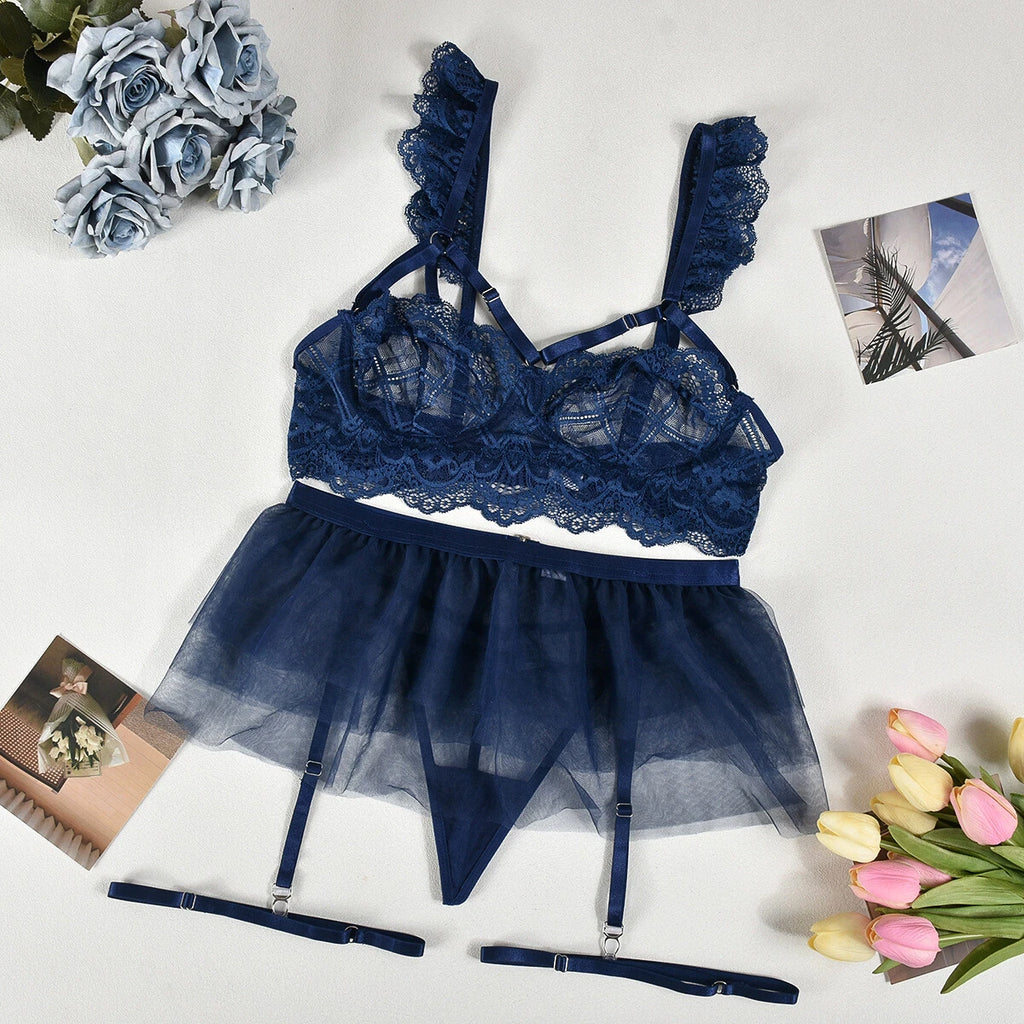 Plue Size Women's Sexy Lingerie Lace Babydoll Bra Thong Set Sleepwear Nightwear