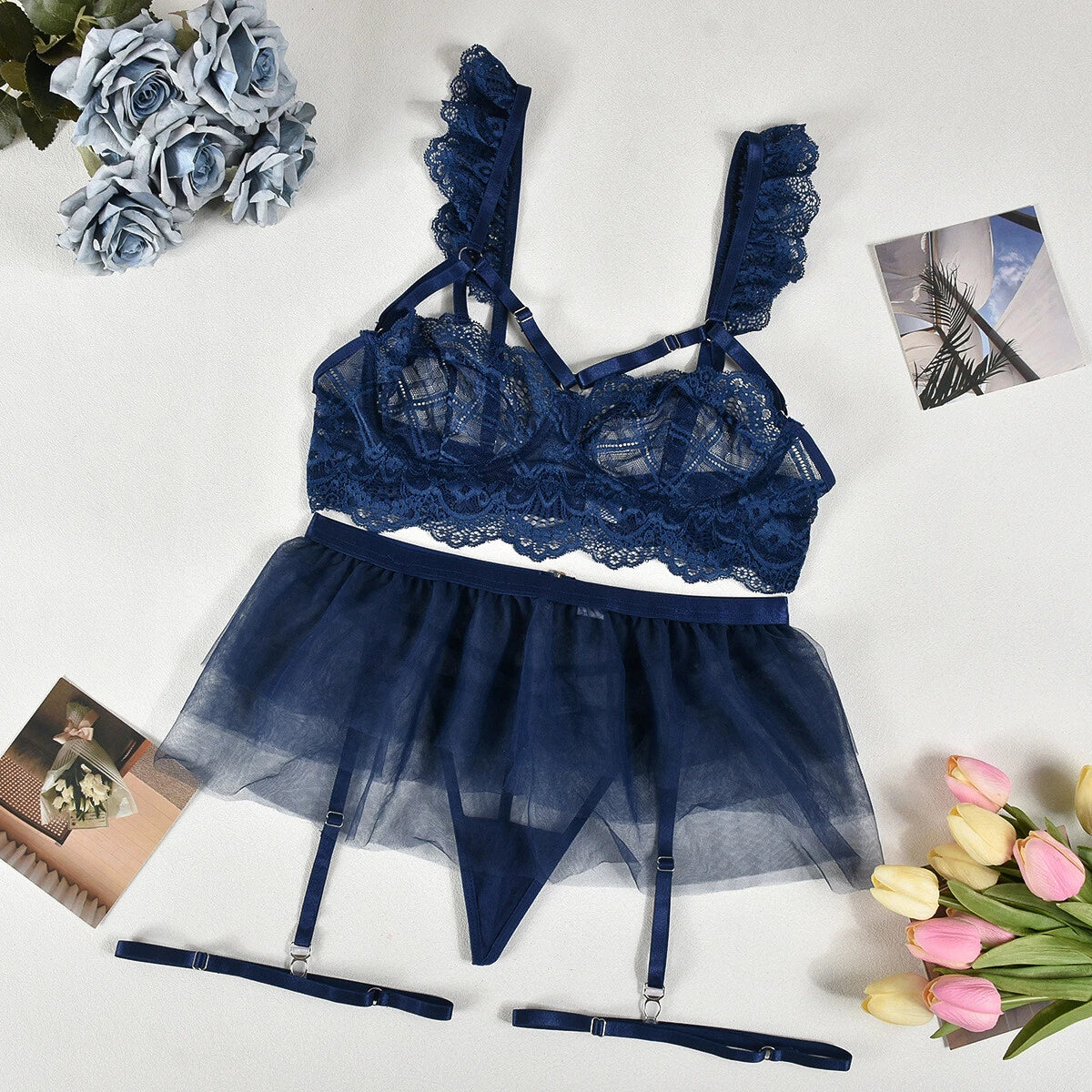 Plue Size Women's Sexy Lingerie Lace Babydoll Bra Thong Set Sleepwear Nightwear