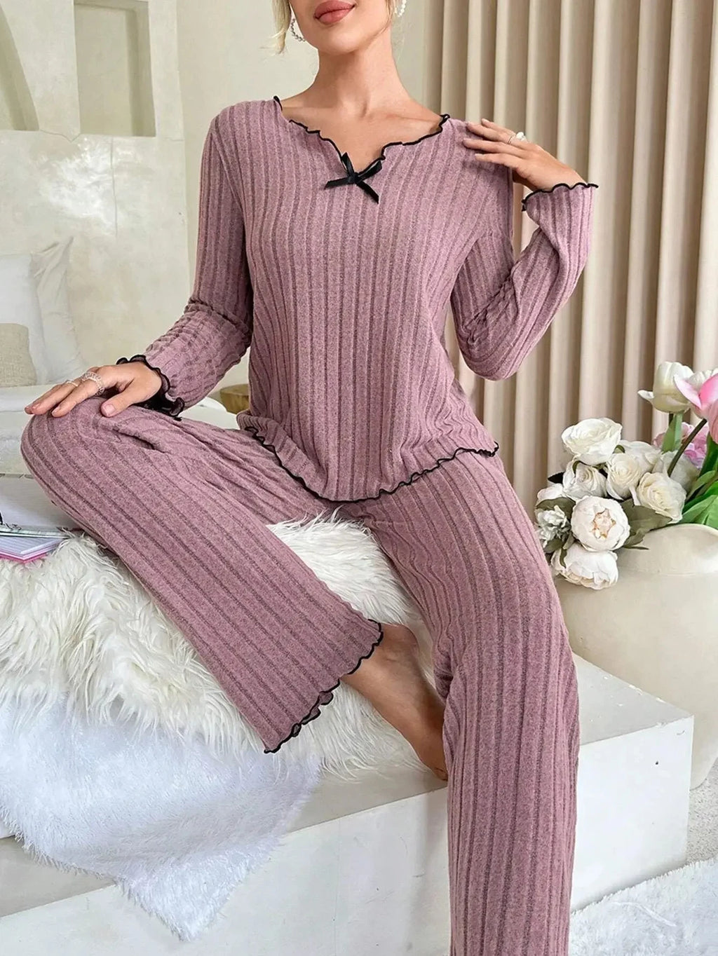 Women Sleepwear Ribbed Pajamas Set Long Sleeve Top and Long Pants 2 Piece Set