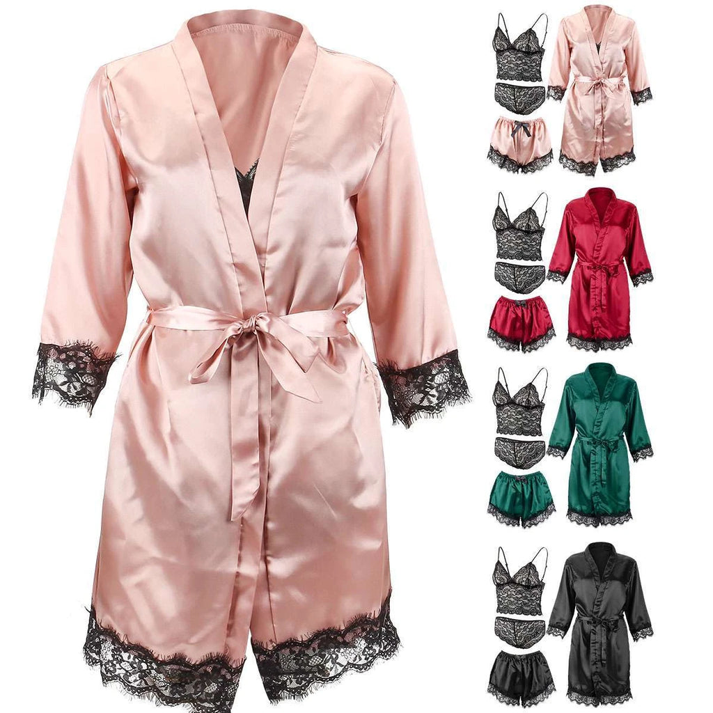4Pcs Women' Silk Satin Pajamas Set Lingerie Floral Lace Cami Sleepwear with Robe