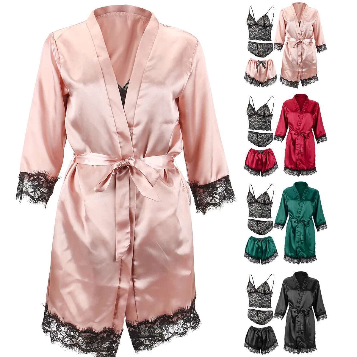 4Pcs Women' Silk Satin Pajamas Set Lingerie Floral Lace Cami Sleepwear with Robe
