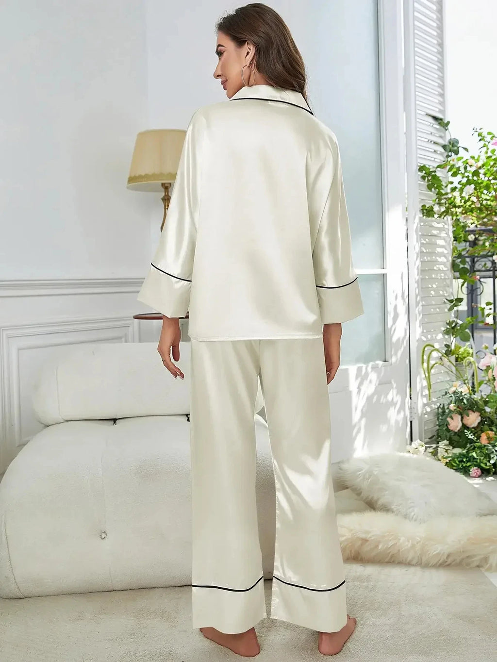 Women‘s Pajamas Set Notched Collar Top&Wide Leg Long Pants 2 Pieces Sleepwear