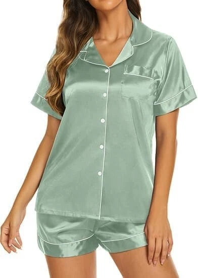 Women Silk Satin Pajamas Set Short Sleeve Button-Down Sleepwear Loungewear Charm