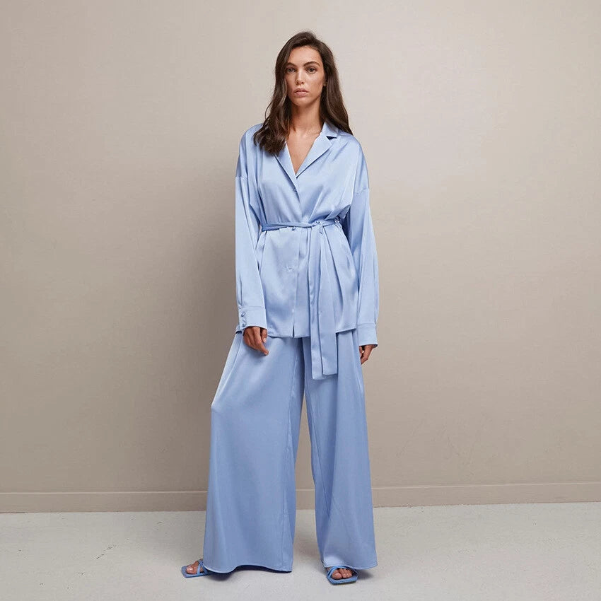 Womens Pajama Set Oversize Kimono Loose Dress Satin  Beach Coat Sleepwear Pant
