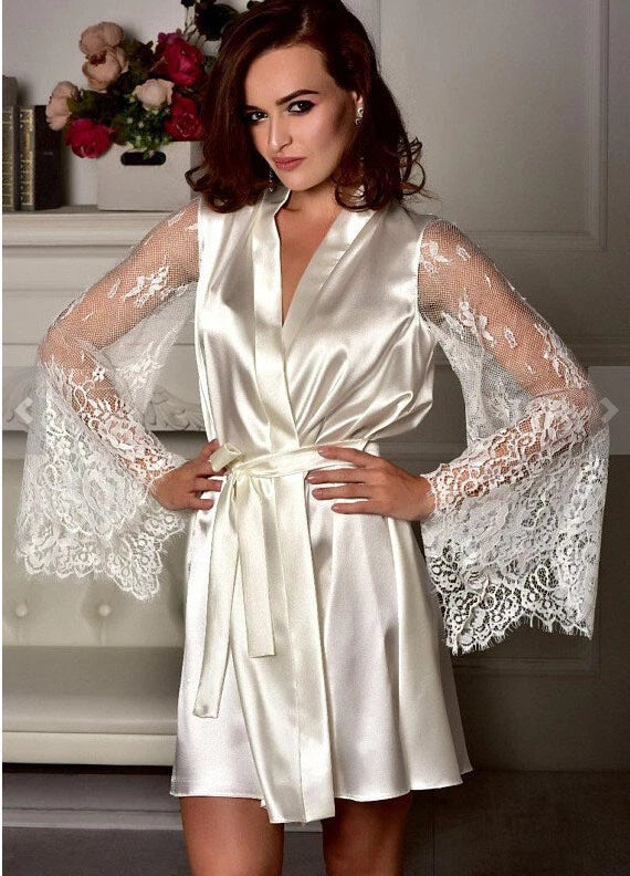 Womens Lingerie Sexy Eyelash Lace Satin Gown Robes Bathrobe Babydoll Sleepwear