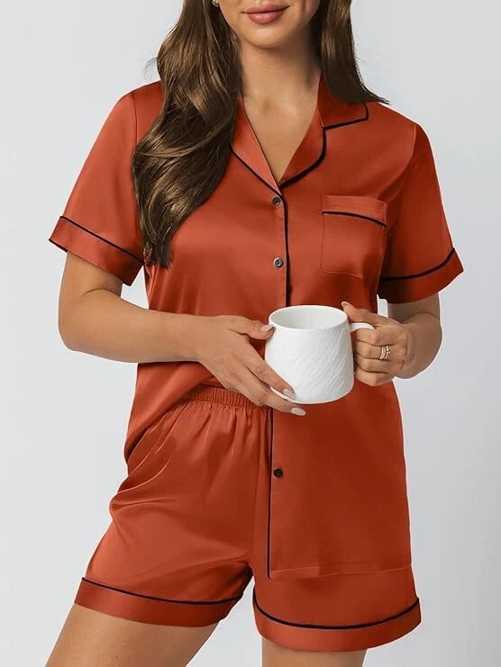Women Silk Satin Pajamas Set Short Sleeve Button-Down Sleepwear Loungewear Charm