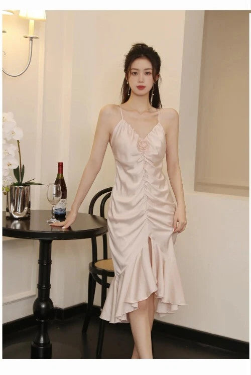 Summer Sleeveless Backless Pajama Night Dress Suspended Split Fold Long Girls