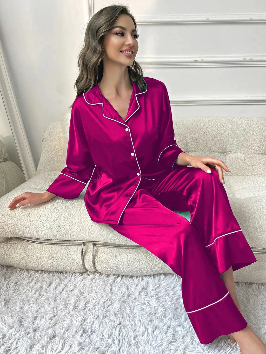 Women‘s Pajamas Set Notched Collar Top&Wide Leg Long Pants 2 Pieces Sleepwear