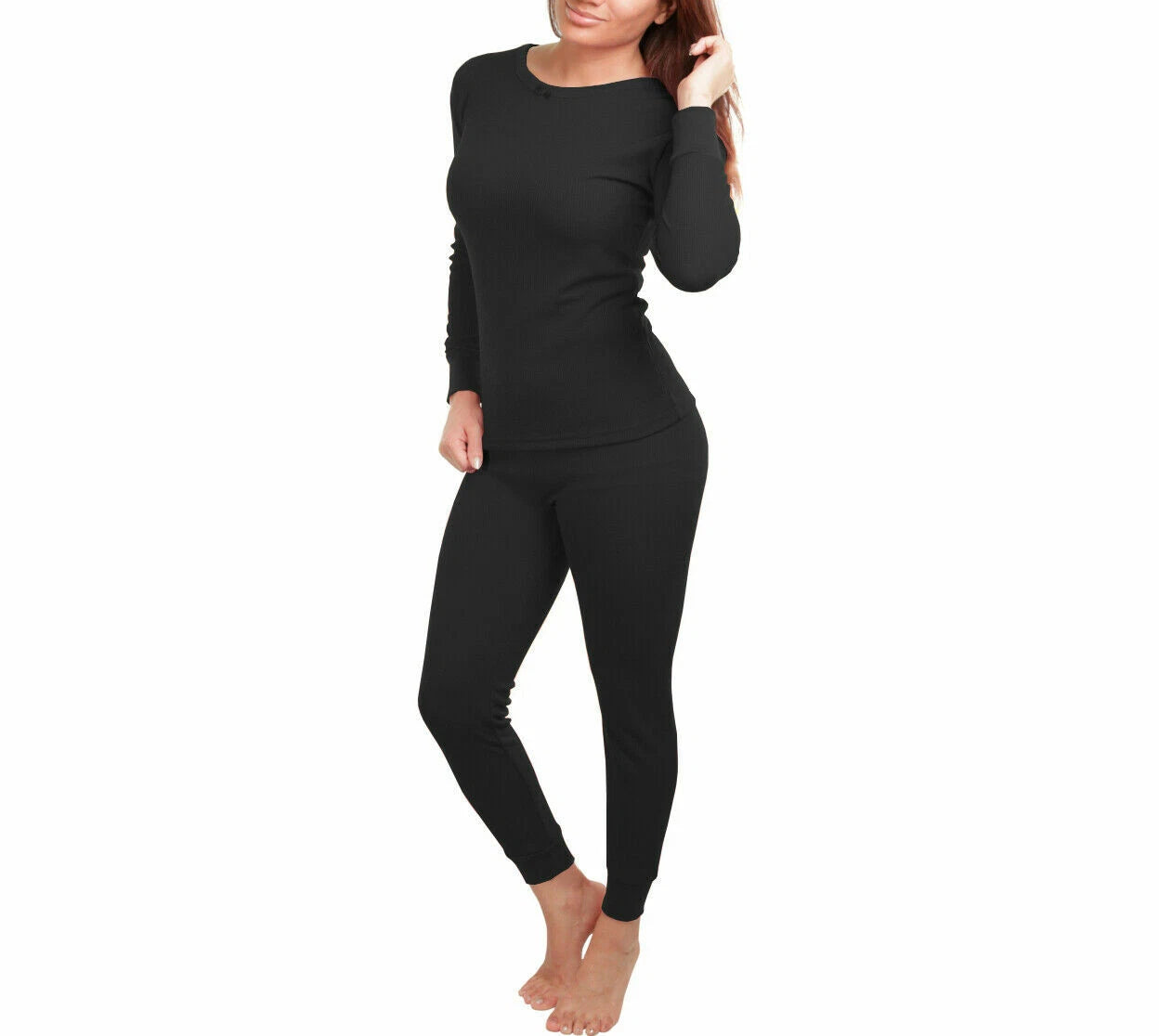 Women 2pc Premium Cotton Waffle Knit Thermal Underwear Stretch Top & Bottom Set