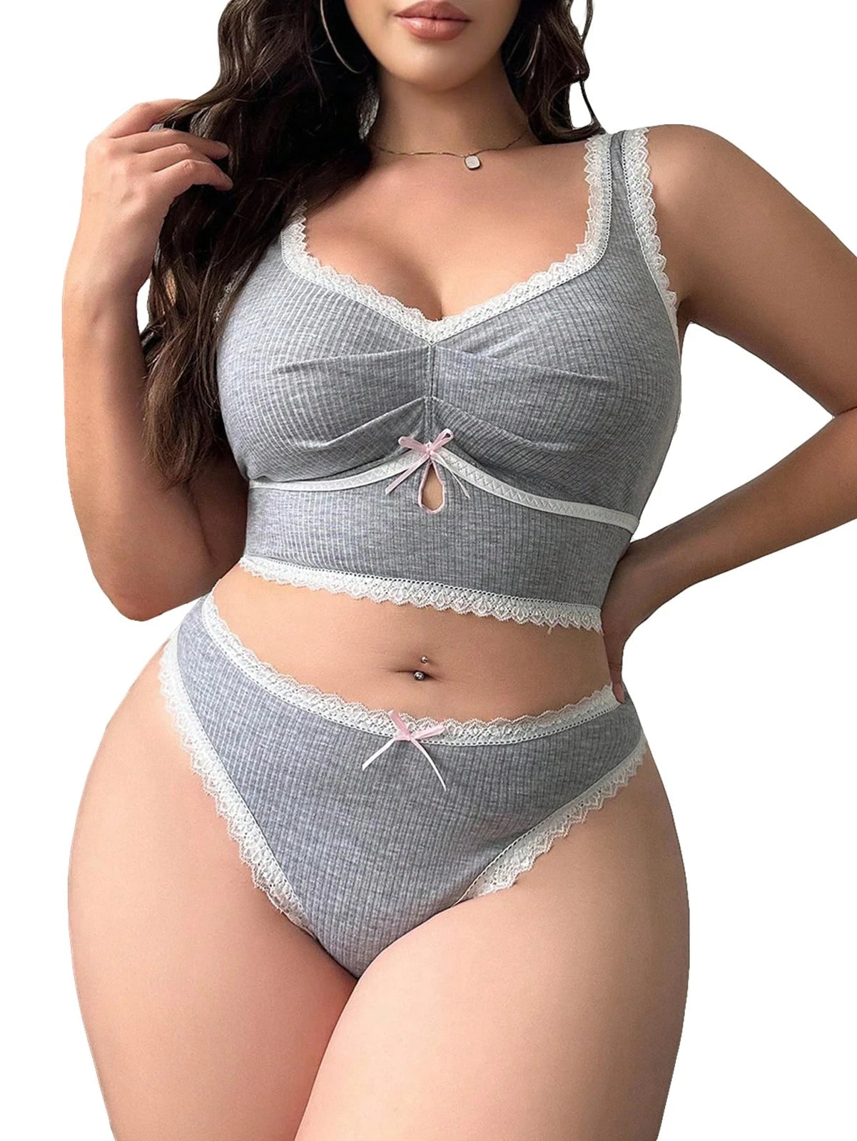 Plus Size 2 Piece Lingerie for Women Sexy Bra and Panty Set knitted Lingerie Set