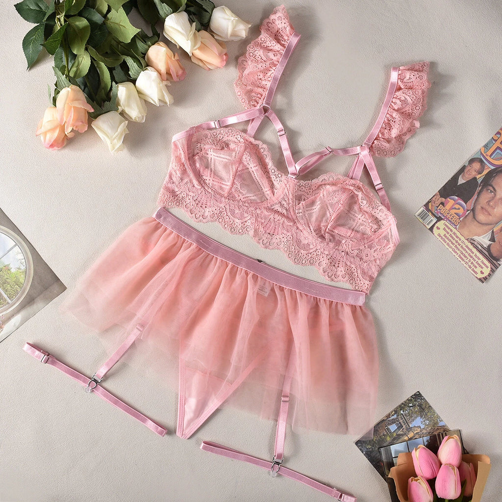 Plue Size Women's Sexy Lingerie Lace Babydoll Bra Thong Set Sleepwear Nightwear