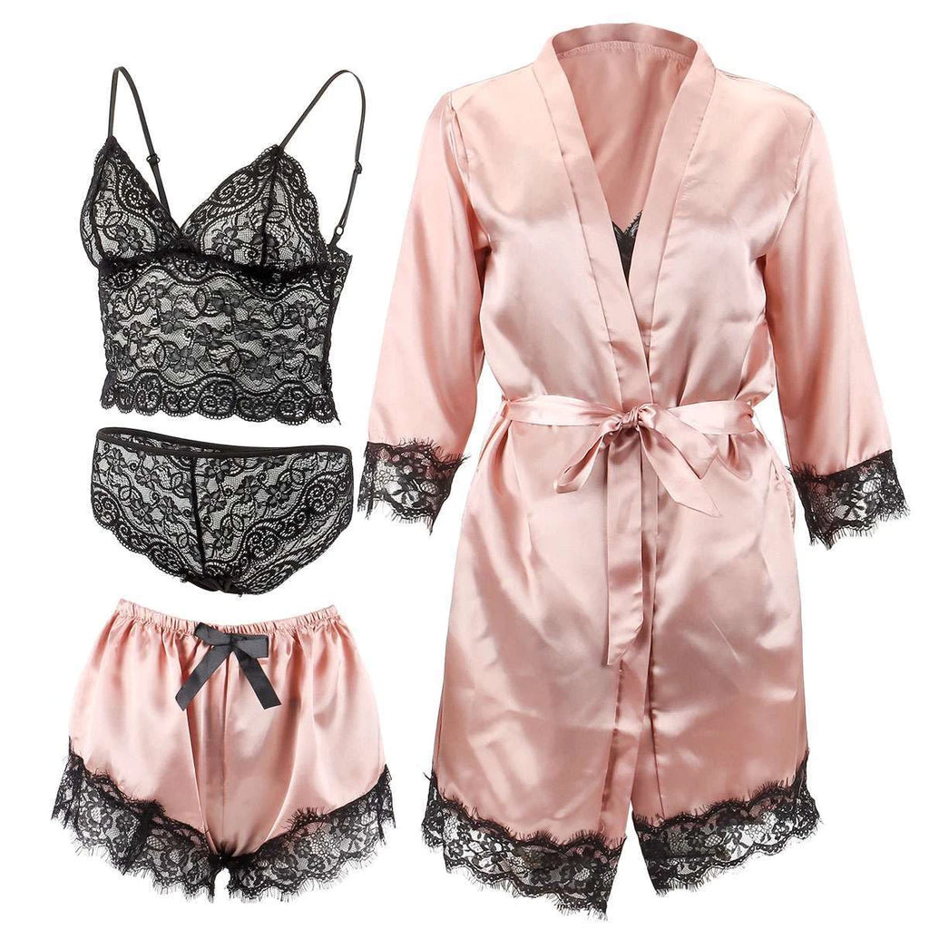 4Pcs Women' Silk Satin Pajamas Set Lingerie Floral Lace Cami Sleepwear with Robe