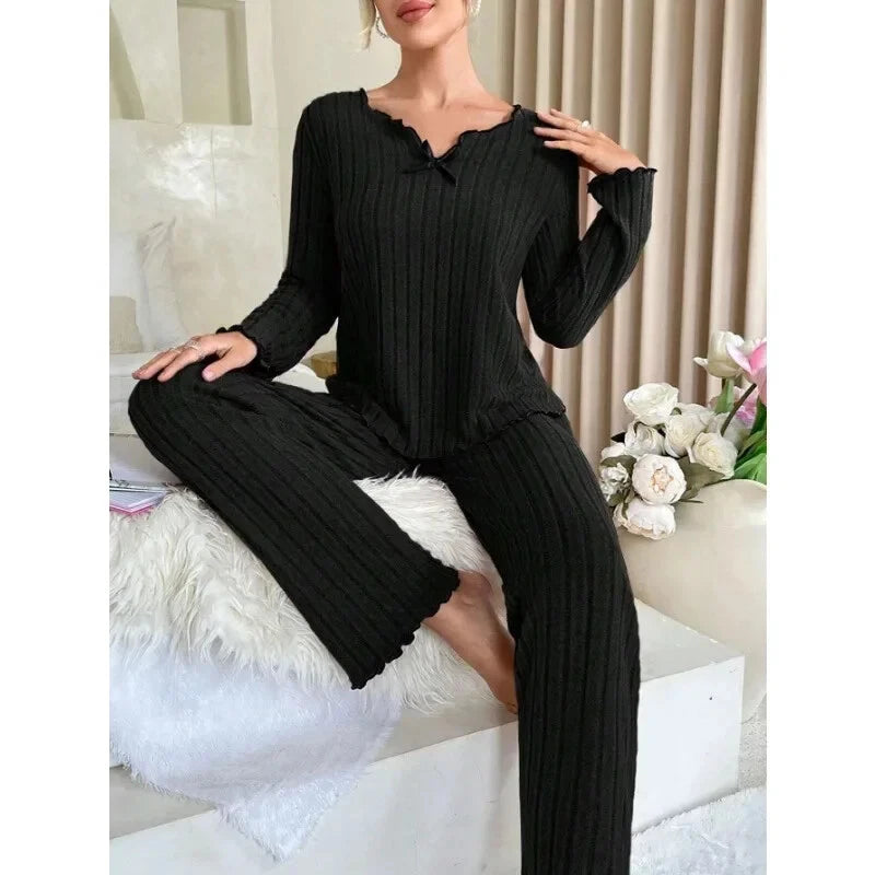 Women Sleepwear Ribbed Pajamas Set Long Sleeve Top and Long Pants 2 Piece Set