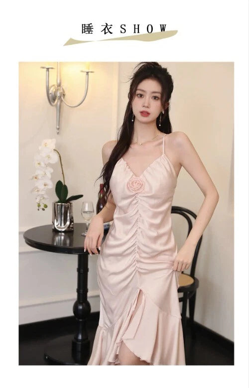 Summer Sleeveless Backless Pajama Night Dress Suspended Split Fold Long Girls