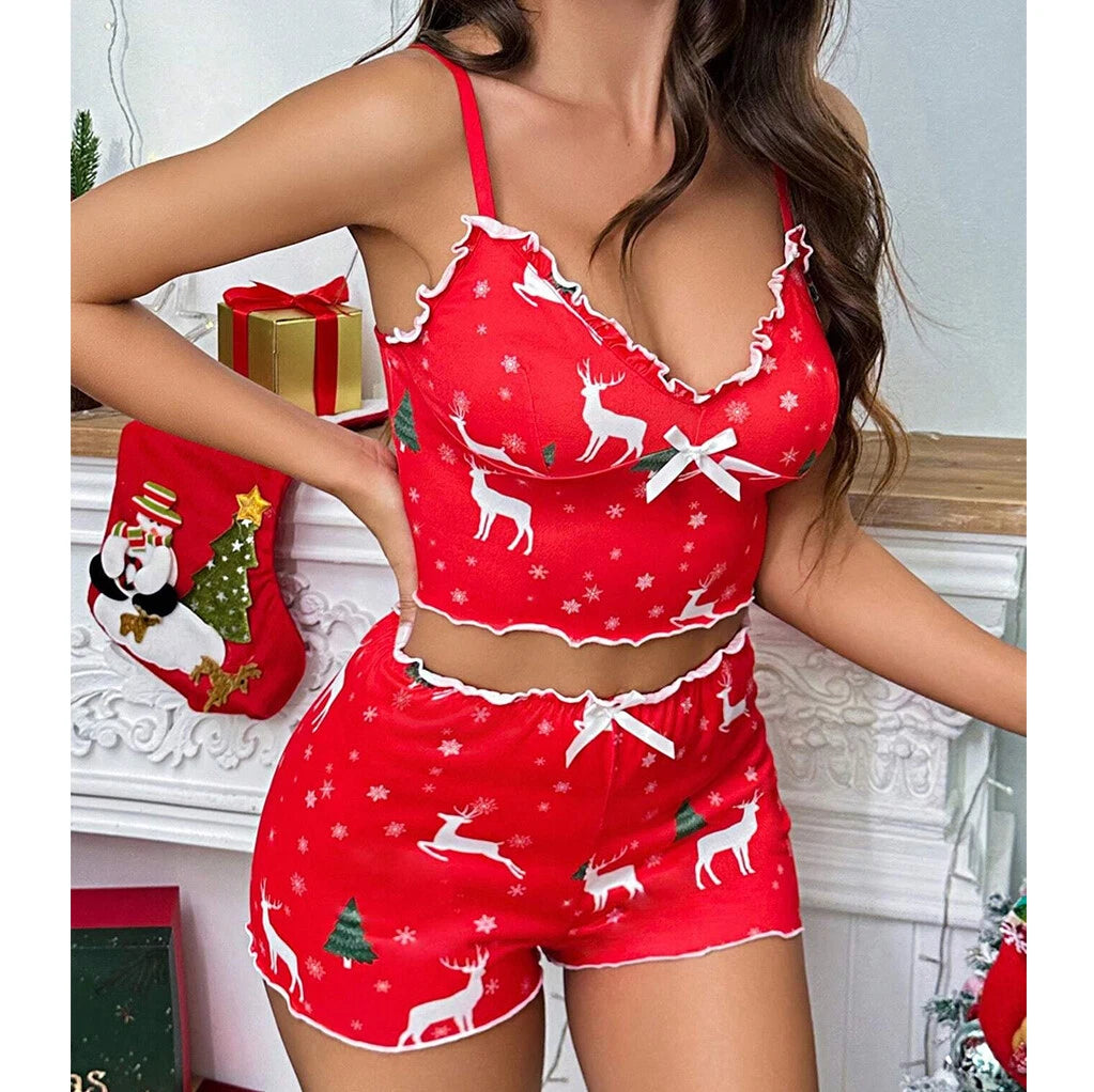Sexy Satin Lace PJs Cami Set Camisole Shorts French Knickers Vest Nightwear Xmas
