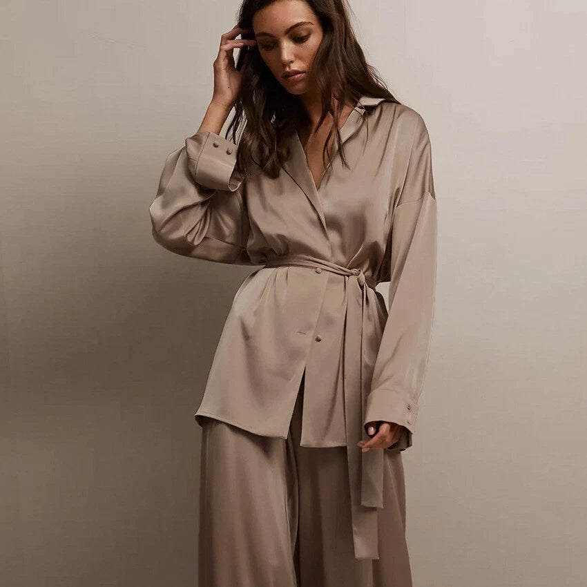 Womens Pajama Set Oversize Kimono Loose Dress Satin  Beach Coat Sleepwear Pant