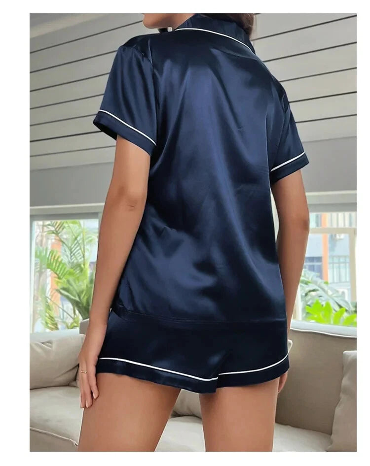 Summer Women Pajamas  Button Down Top&Shorts 2 Pieces Sleepwear Notched Collar
