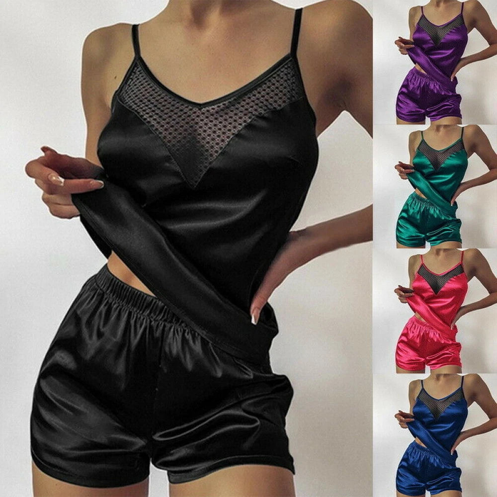 2pcs Womens Sexy Satin Silk Lace Cami Vest Shorts Lingerie Pyjamas Nightwear Set