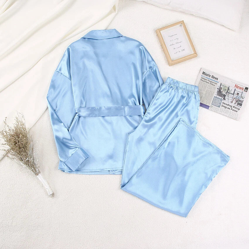 Womens Pajama Set Oversize Kimono Loose Dress Satin  Beach Coat Sleepwear Pant