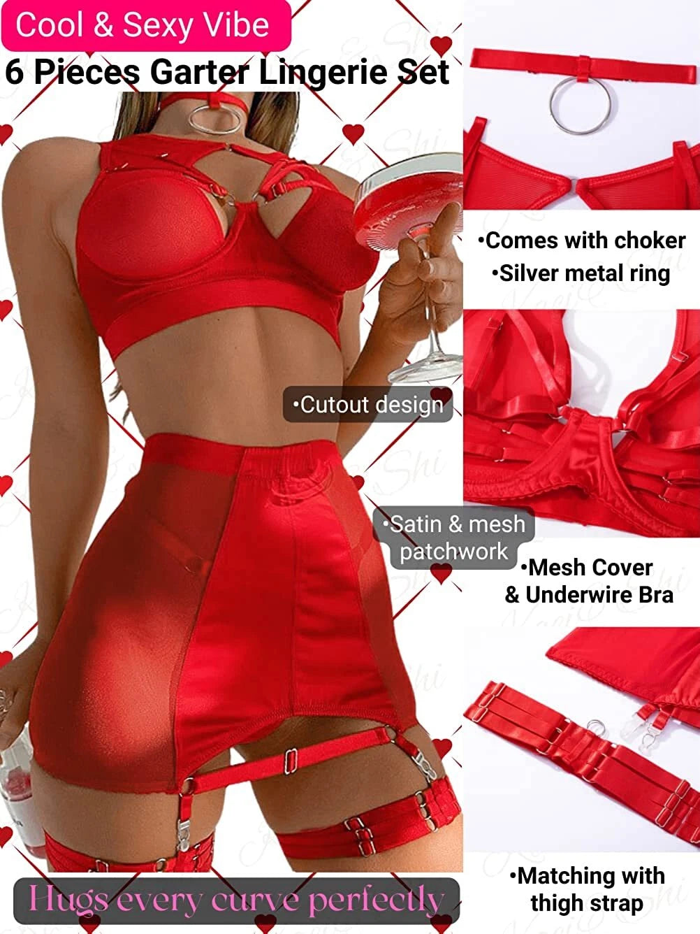 Sexy Garter Belt Set Women High Waist Lingerie Babydoll 4pcs Nightwear Sleepwear