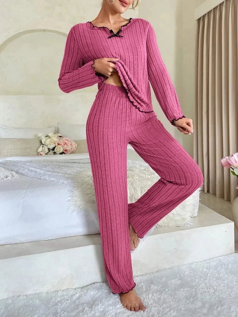 Women Sleepwear Ribbed Pajamas Set Long Sleeve Top and Long Pants 2 Piece Set