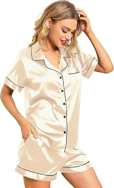 Women Silk Satin Pajamas Set Short Sleeve Button-Down Sleepwear Loungewear Charm
