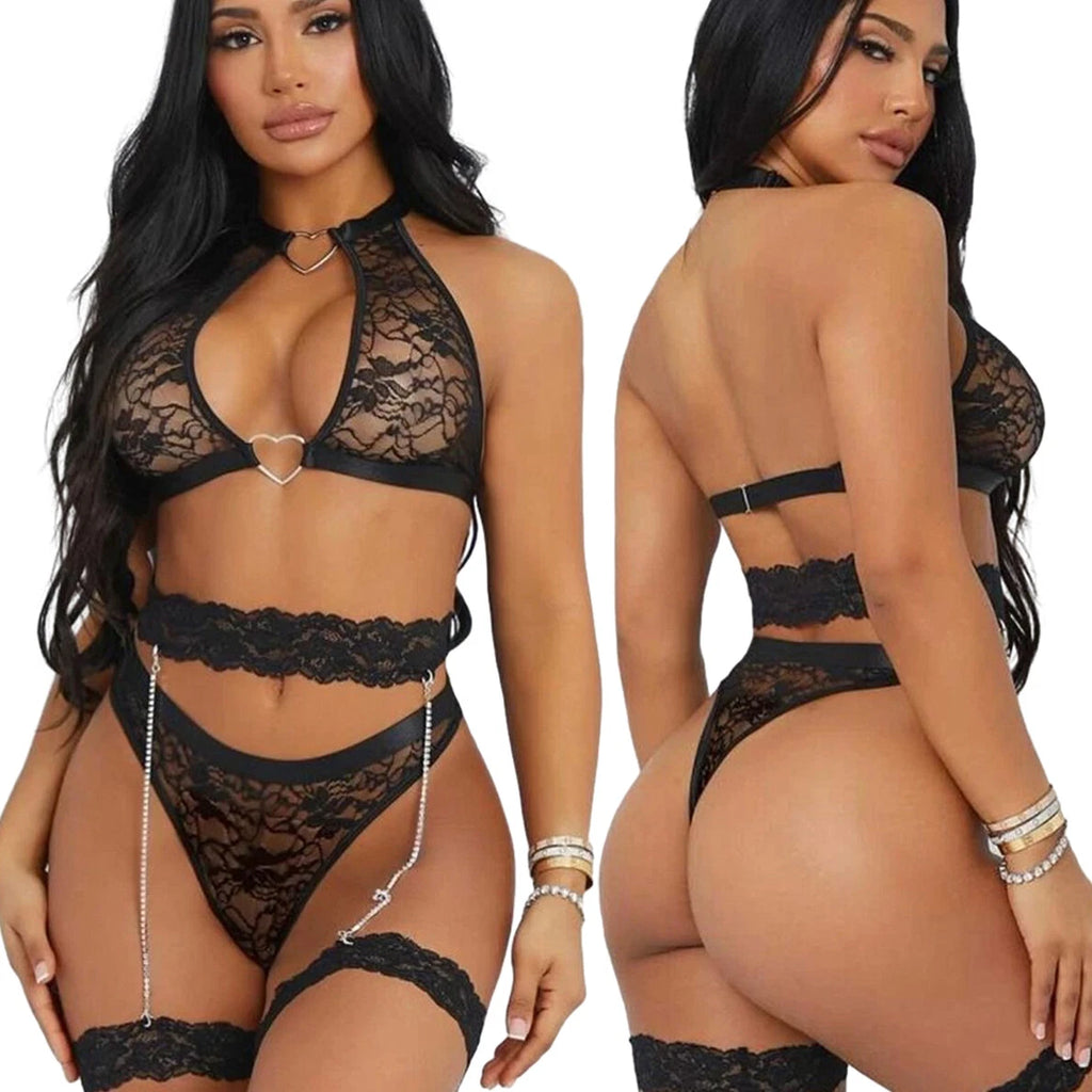 Women's Sexy Halter Lingerie Set with Garter Belts Lace Teddy Babydoll Bodysuit