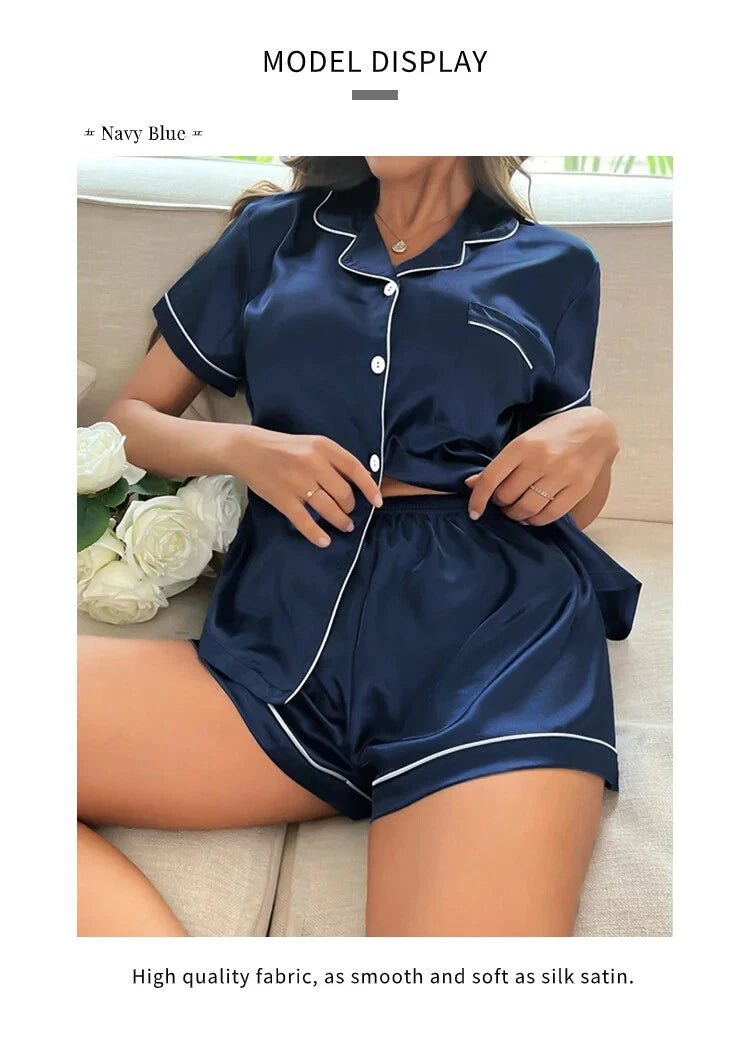 Summer Women Pajamas  Button Down Top&Shorts 2 Pieces Sleepwear Notched Collar