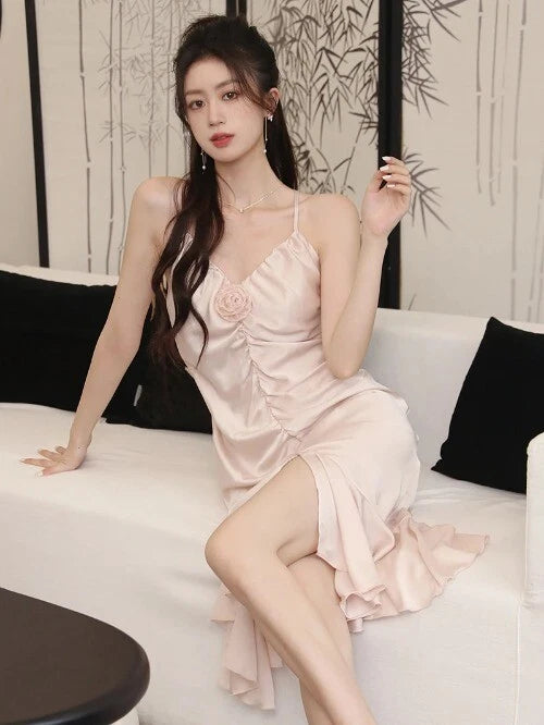 Summer Sleeveless Backless Pajama Night Dress Suspended Split Fold Long Girls