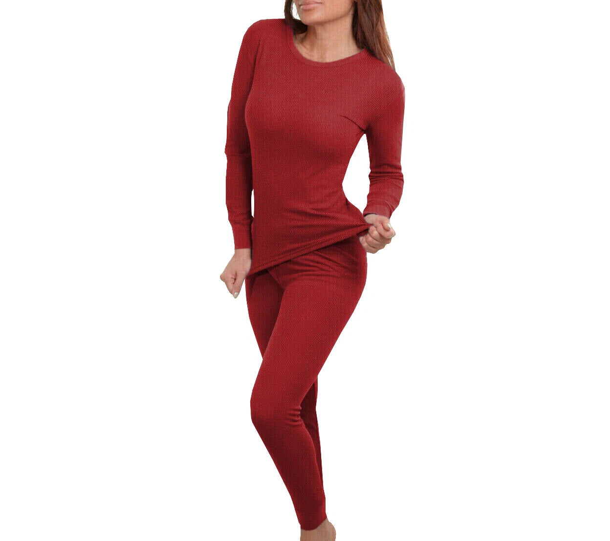 Women 2pc Premium Cotton Waffle Knit Thermal Underwear Stretch Top & Bottom Set