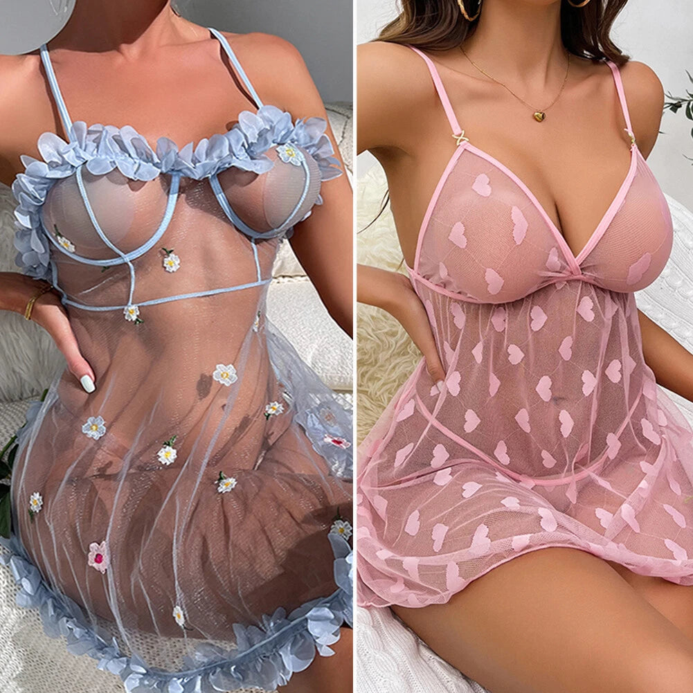 Sexy Lingerie Women's Lace Babydoll Dress See-Thru Sleepwear Nightwear G-string
