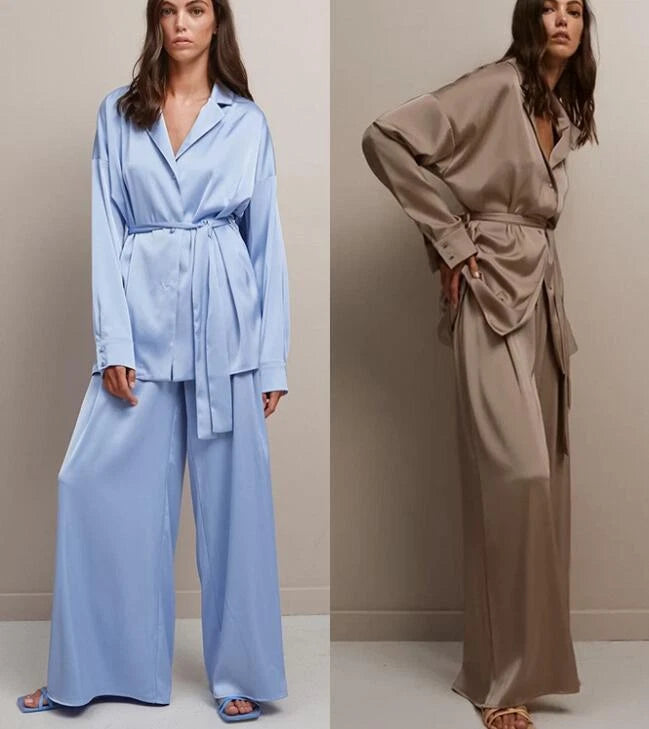 Womens Pajama Set Oversize Kimono Loose Dress Satin  Beach Coat Sleepwear Pant