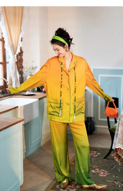 Orange Women PajamaSet Long Sleeve Spring Autumn Sleepwear Thin Green Home Suit