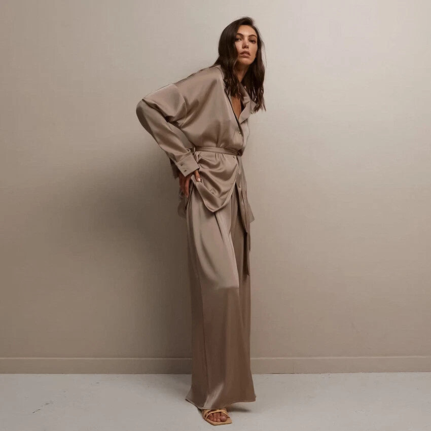 Womens Pajama Set Oversize Kimono Loose Dress Satin  Beach Coat Sleepwear Pant