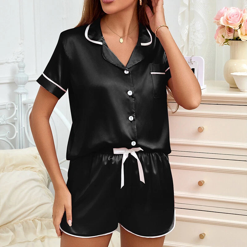 Ladies Satin Silk Pyjamas Nightwear PJs Set Women Short Sleeve Button Sleepwear