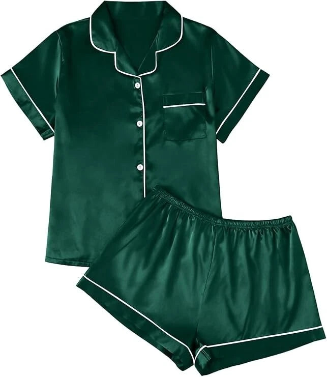 Women Silk Satin Pajamas Set Short Sleeve Button-Down Sleepwear Loungewear Charm